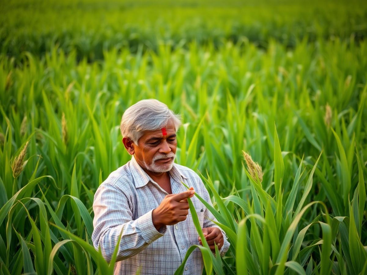 Indian farmer inspecting crops